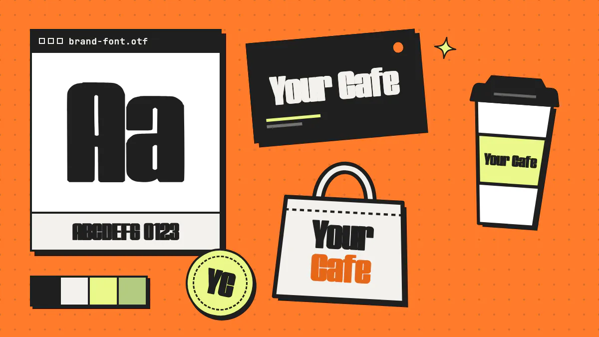 One chunky brand font spelling “Your Cafe” on a sign, a coffee cup, a tote bag and a round sticker, next to a brand-font.otf preview and a color palette