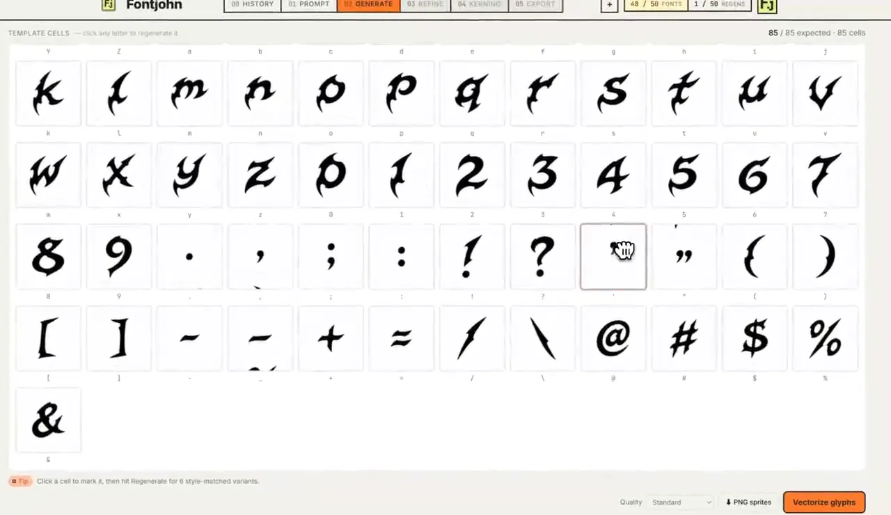 Fontjohn’s Generate step showing a generated sheet of tribal claw-style letters, numbers and punctuation, with each character in its own cell