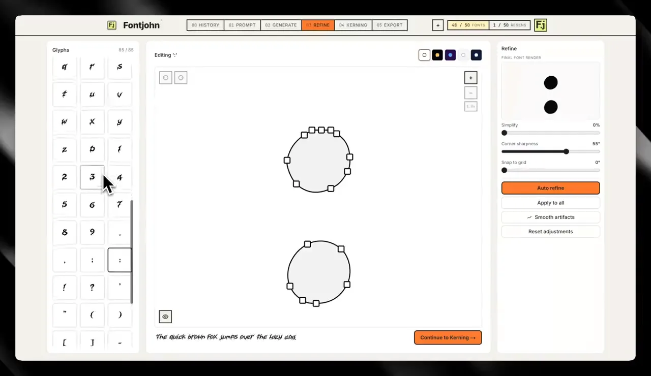Fontjohn’s Refine step with the glyph list on the left, a character’s vector outline with editable anchor points in the middle, and simplify, corner sharpness and snap-to-grid sliders on the right